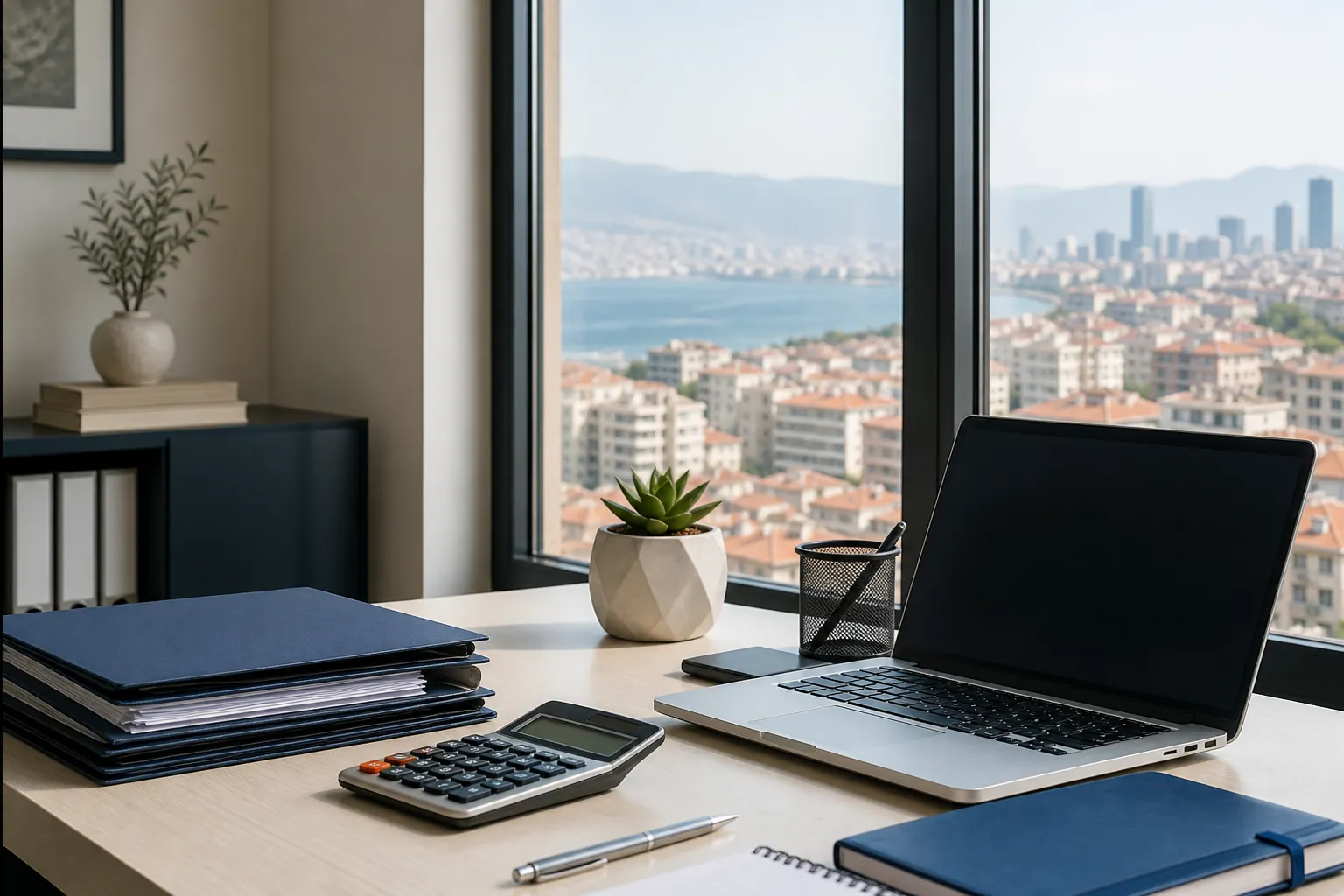 Seyahat acentası kuruluş maliyetini planlayan ofis masası, hesap makinesi ve dosyalar